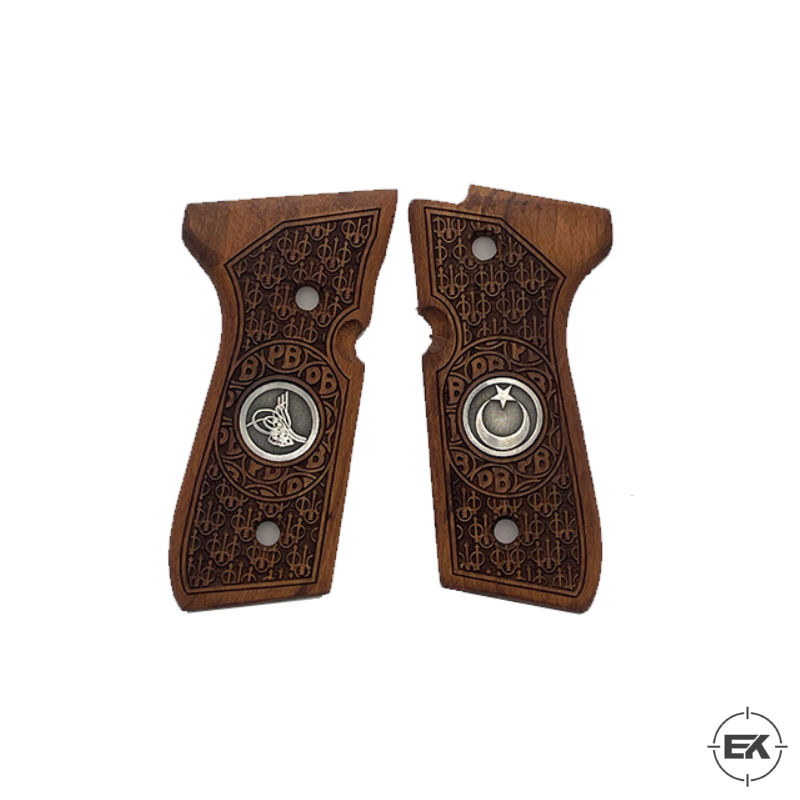 Lazer İşlemeli Ceviz Ahşap Kabze - Beretta F92 & Yavuz 16 | Tuğra ve Ay Yıldız Motifli