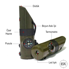 7'si 1 Arada Acil Durum Düdüğü | Pusula, Fener, Termometreli Hayatta Kalma Kiti